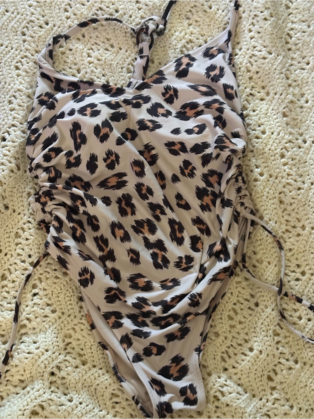 Kona Sol Leopard Print One Piece Swimsuit Large Ruched Side Tie Ring Back NWOT